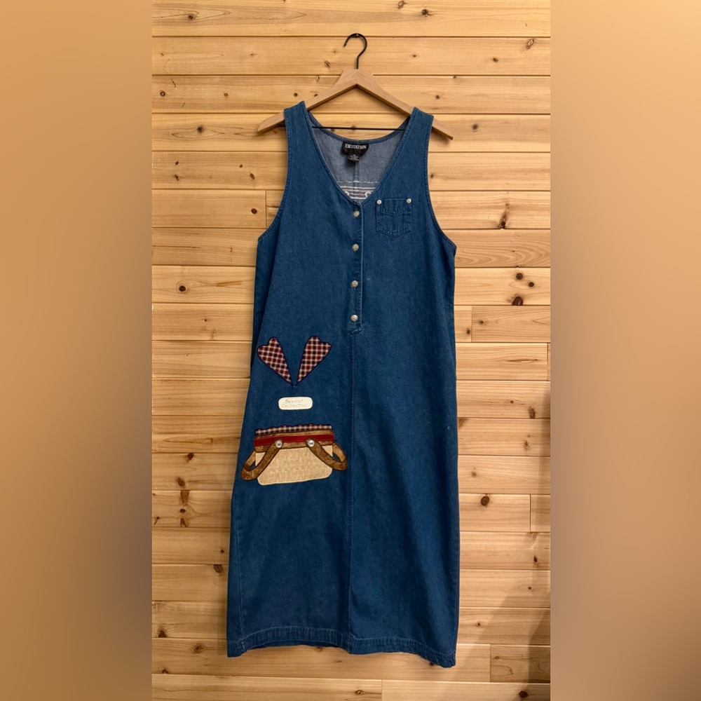 VNTG Excitation Medium Cotton Basket Collector Picnic Cottagecore Denim Dress
